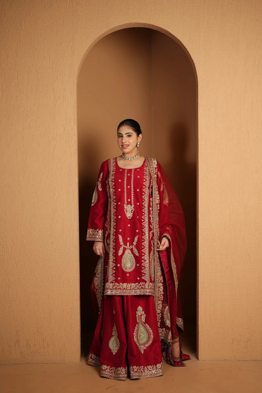 Red Embroidered Sharara Suit