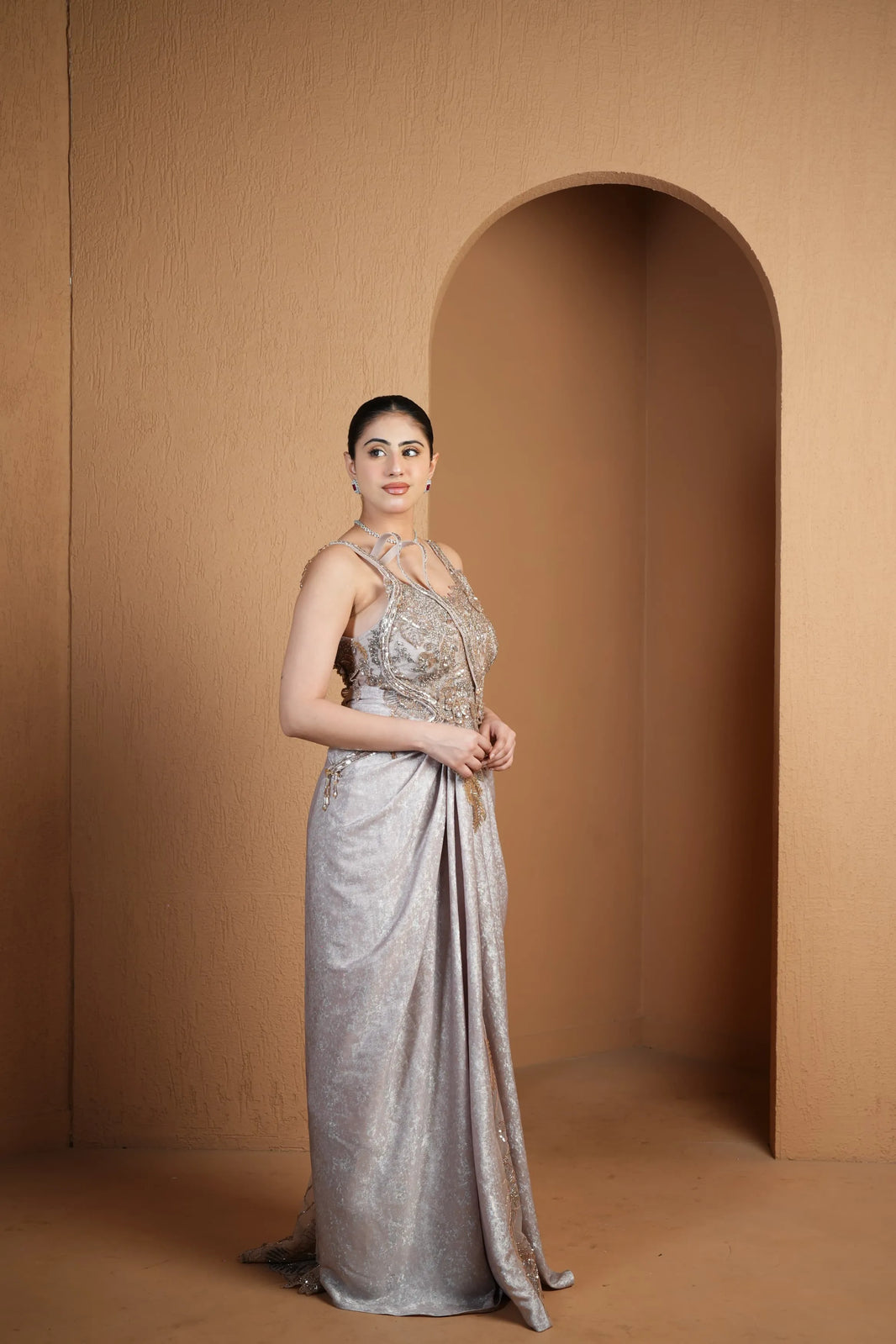Platinum Sequin Draped Ensemble