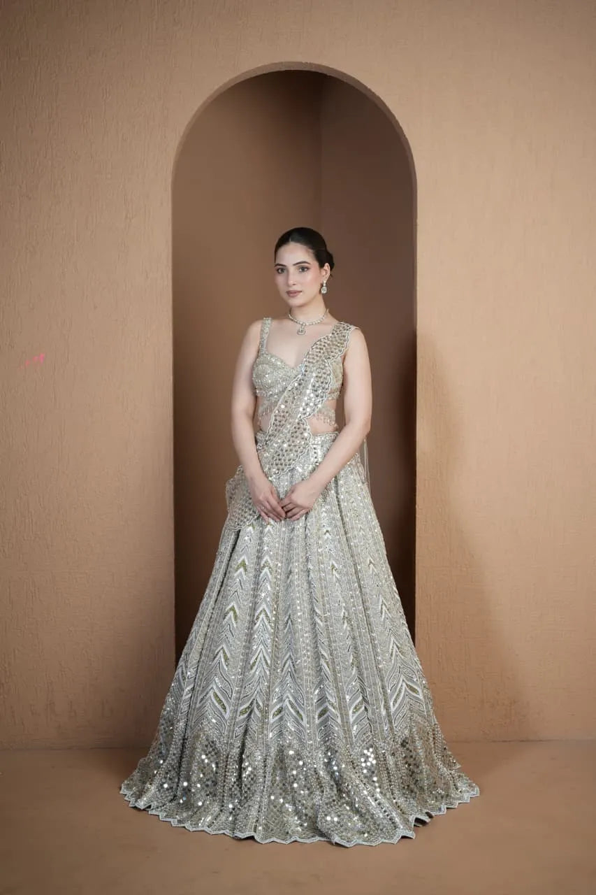 Ivory Mirror Work Draped Lehenga Set