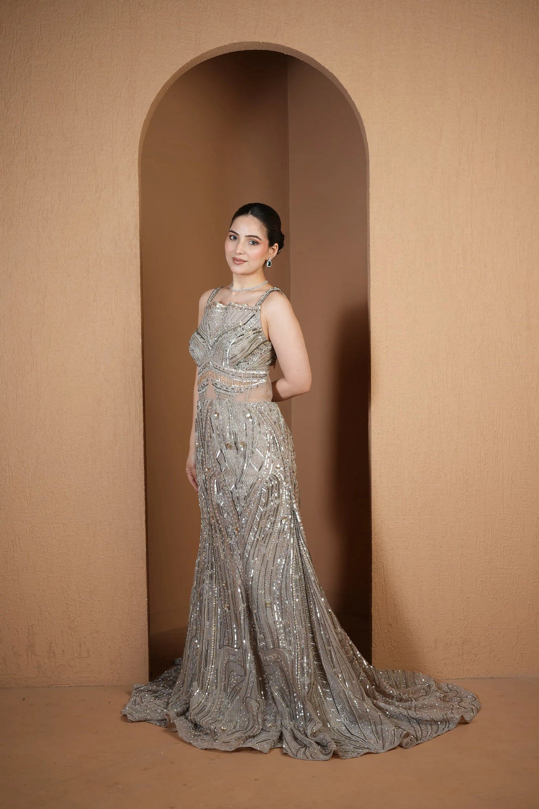 Silver Sequin Illusion Mermaid Gown
