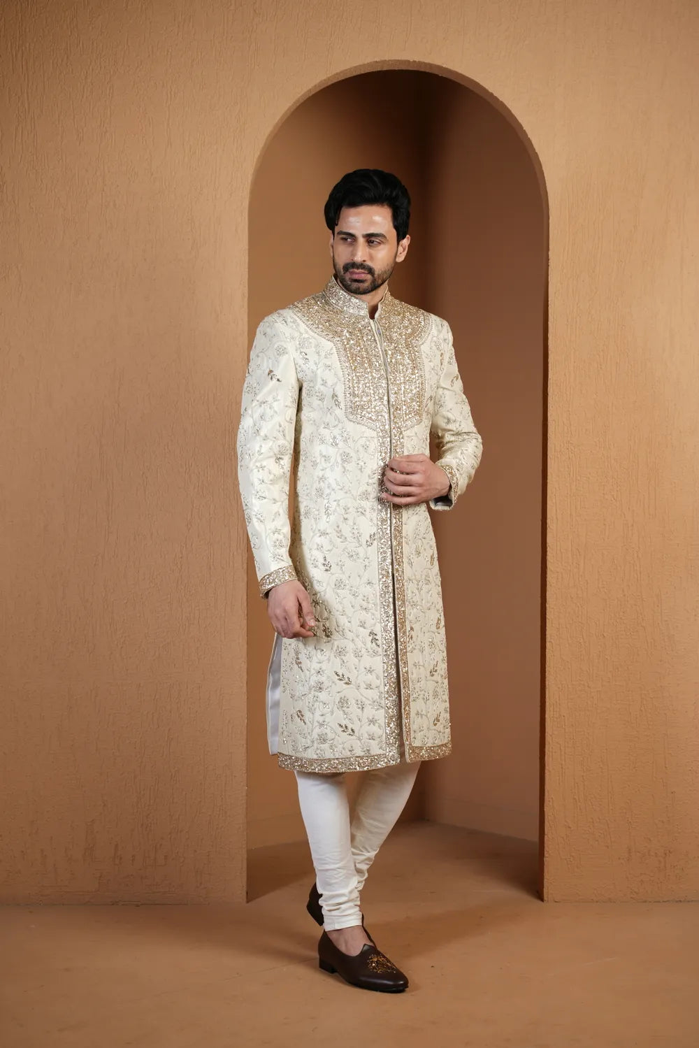 Ivory Gold Crest Achkan Set