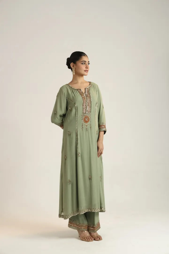Sage green embroidered a-line full suit