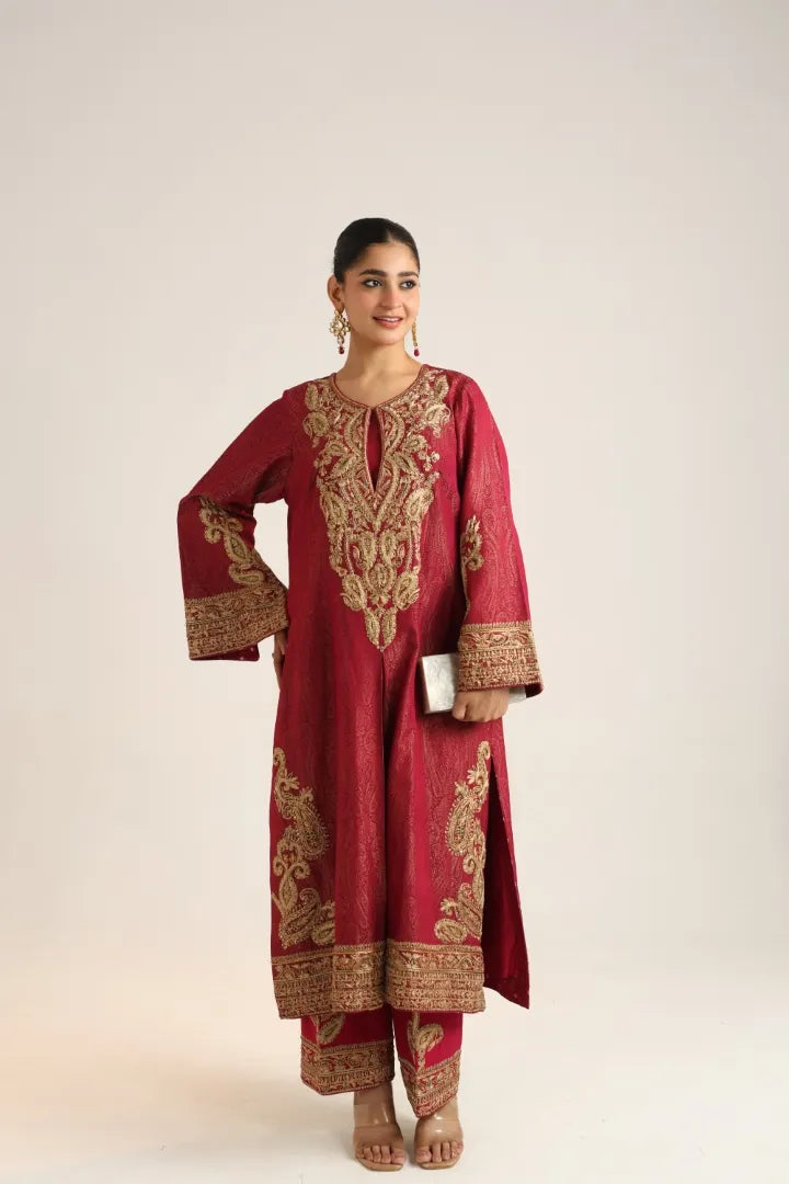 Noor Crimson Embroidered Kurta Set