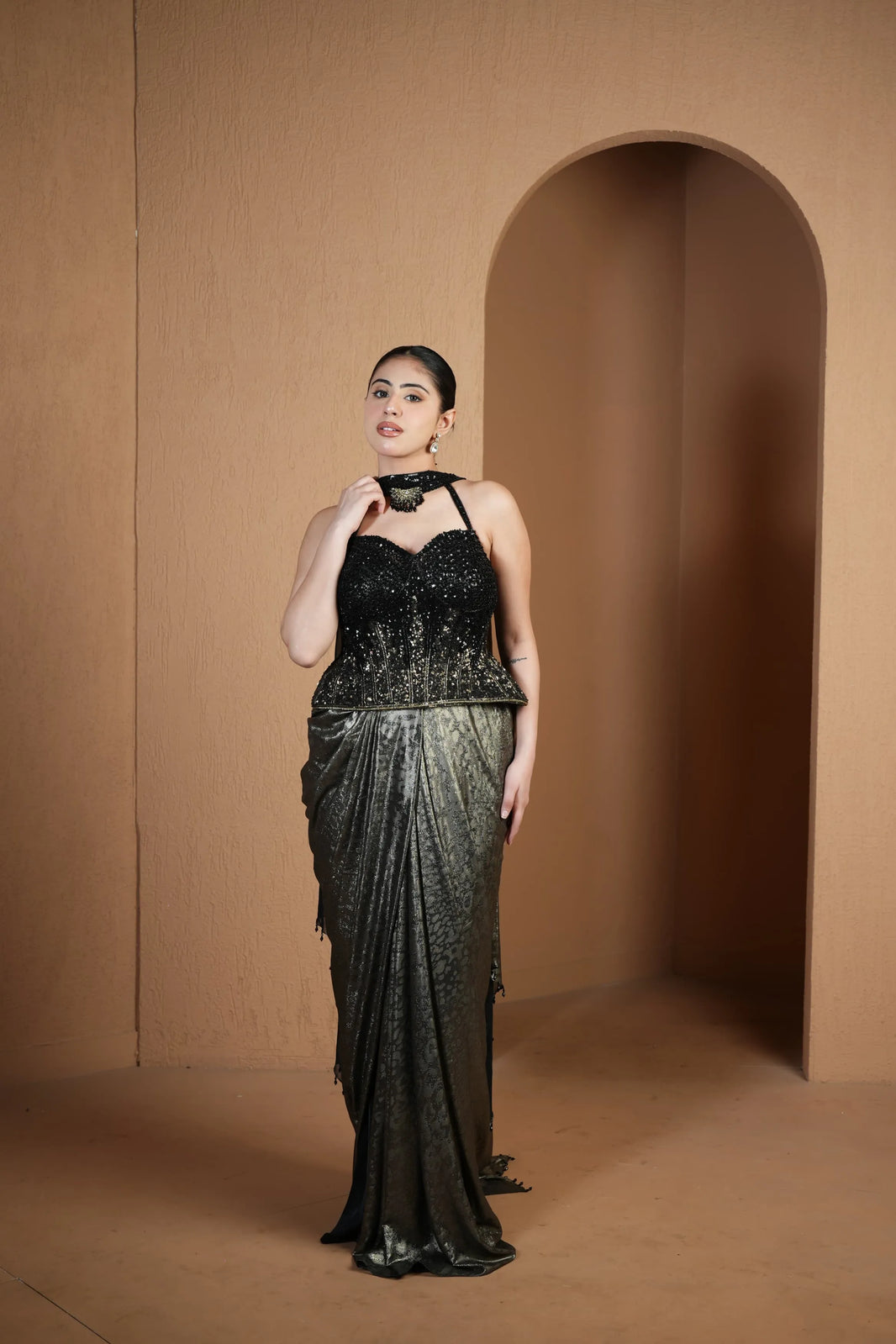 Black Sequined Corset Saree